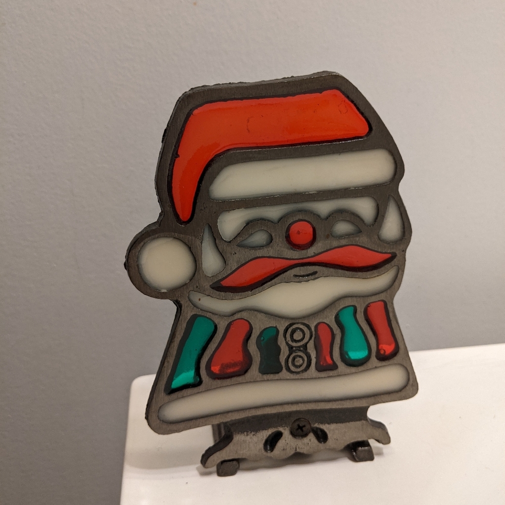 Vintage stained glass iron santa candle holder